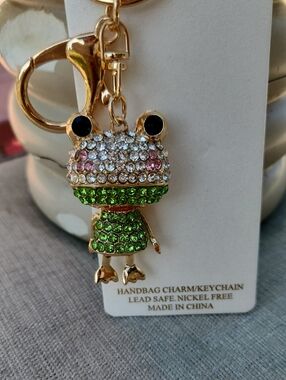 Natasha Gold Frog Keychain/Bag Charm w Green, White, Pink & Black Crystals NWT